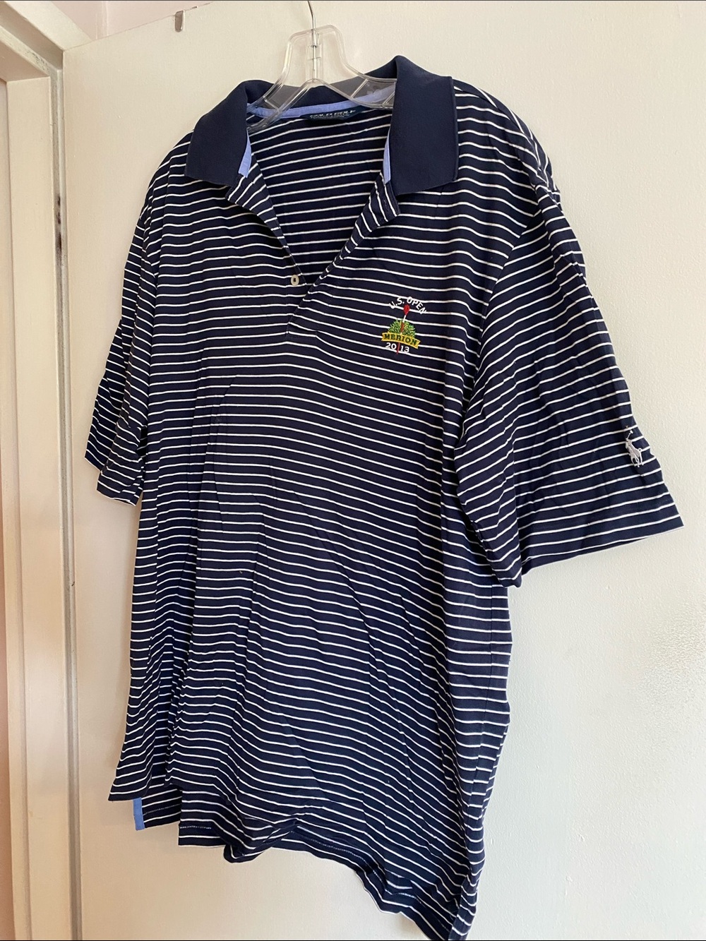U.S. Open 2013 Ralph Lauren Polo Golf Striped Navy Polo Shirt, size large